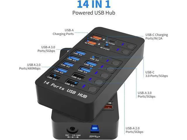 Alt view image 2 of 7 - Hitoor Powered USB 3.0 Hub, 14 Ports Powered USB 3.0 Splitter Hub with 4 Smart Charging Ports, 10 USB A Ports, Individual On/Off Switches, 12V-24V Power Adapter, USB 3.0 5Gbps High Speed Transfer, USB