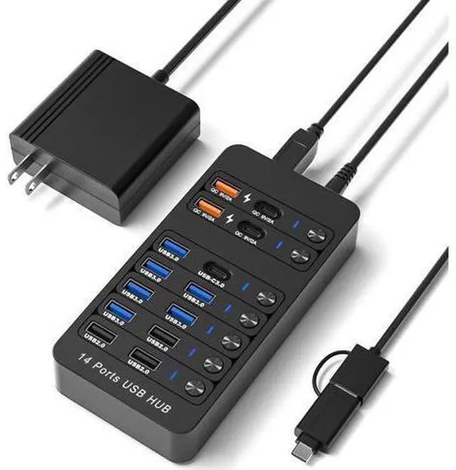 Main image of Hitoor Powered USB 3.0 Hub, 14 Ports Powered USB 3.0 Splitter Hub with 4 Smart Charging Ports, 10 USB A Ports, Individual On/Off Switches, 12V-24V Power Adapter, USB 3.0 5Gbps High Speed Transfer, USB