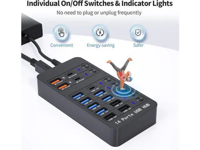 Alt view image 5 of 7 - Hitoor Powered USB 3.0 Hub, 14 Ports Powered USB 3.0 Splitter Hub with 4 Smart Charging Ports, 10 USB A Ports, Individual On/Off Switches, 12V-24V Power Adapter, USB 3.0 5Gbps High Speed Transfer, USB