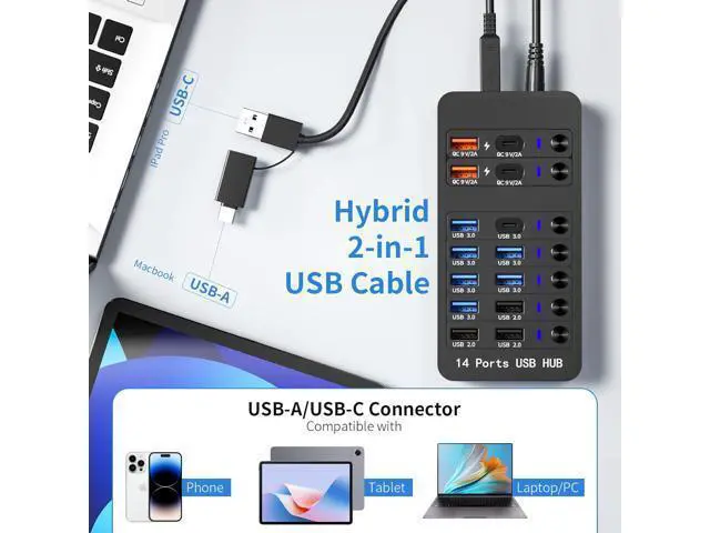 Alt view image 6 of 7 - Hitoor Powered USB 3.0 Hub, 14 Ports Powered USB 3.0 Splitter Hub with 4 Smart Charging Ports, 10 USB A Ports, Individual On/Off Switches, 12V-24V Power Adapter, USB 3.0 5Gbps High Speed Transfer, USB
