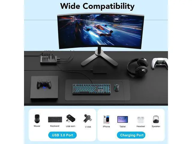 Alt view image 7 of 7 - Hitoor Powered USB 3.0 Hub, 14 Ports Powered USB 3.0 Splitter Hub with 4 Smart Charging Ports, 10 USB A Ports, Individual On/Off Switches, 12V-24V Power Adapter, USB 3.0 5Gbps High Speed Transfer, USB