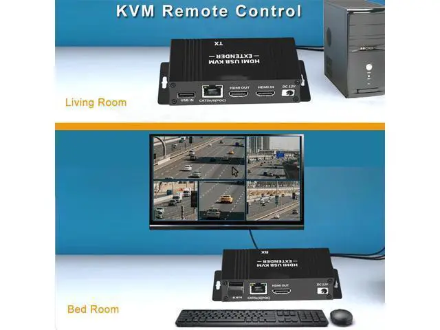 Alt view image 4 of 7 - 60M HDMI KVM USB Extender Over IP Over Ethernet 1080p HD Video Over Cat5e Cat6 Ethernet Cable 60M (196ft) for Mouse and Keyboard Control Remote Signals (Black)