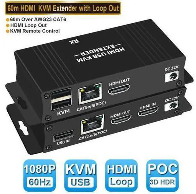 Main image of 60M HDMI KVM USB Extender Over IP Over Ethernet 1080p HD Video Over Cat5e Cat6 Ethernet Cable 60M (196ft) for Mouse and Keyboard Control Remote Signals (Black)