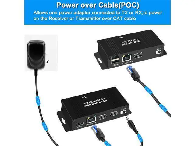 Alt view image 5 of 7 - 60M HDMI KVM USB Extender Over IP Over Ethernet 1080p HD Video Over Cat5e Cat6 Ethernet Cable 60M (196ft) for Mouse and Keyboard Control Remote Signals (Black)