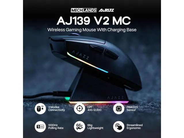 Alt view image 2 of 7 - AJ139 V2 MC Gaming Mouse with Charging Base, Adjustable 12,000 DPI, PAW3311 Sensor, 3 Modes Wireless Mouse, 500mAh Battery, 1000 Polling Rate, 66g Lightweight, Gaming Mice for Win/Mac (Black)