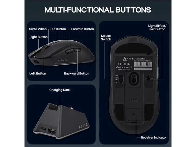Alt view image 7 of 7 - AJ139 V2 MC Gaming Mouse with Charging Base, Adjustable 12,000 DPI, PAW3311 Sensor, 3 Modes Wireless Mouse, 500mAh Battery, 1000 Polling Rate, 66g Lightweight, Gaming Mice for Win/Mac (Black)