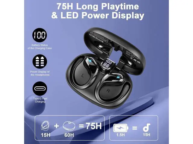 Alt view image 4 of 7 - Hitoor Wireless Earbuds, Bluetooth 5.4 Headphones Sport, 75H Stereo Wireless Earphones with 4 ENC Noise Canceling Mic, IP7 Waterproof Ear Buds with Earhooks,LED Display Wireless Headphones for Running