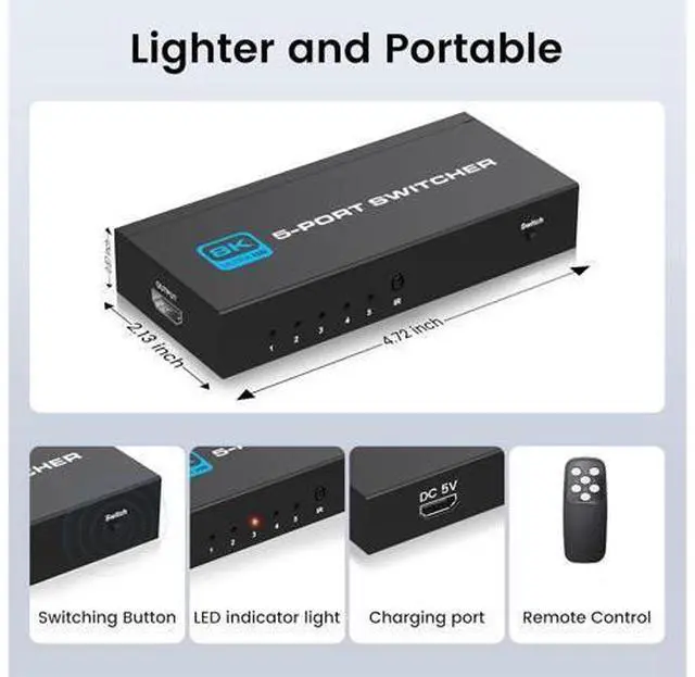 Alt view image 7 of 7 - Hitoor HDMI 2.1 Switch, 5-Port HDMI 8K Switch with Remote Supports 4K@120Hz, 8K@60Hz Auto CEC 3D HDCP2.3, Ultra HD HDMI Switcher Splitter Compatible with PS5/4/3, Xbox,roku, Fire Stick, TV,Projectors