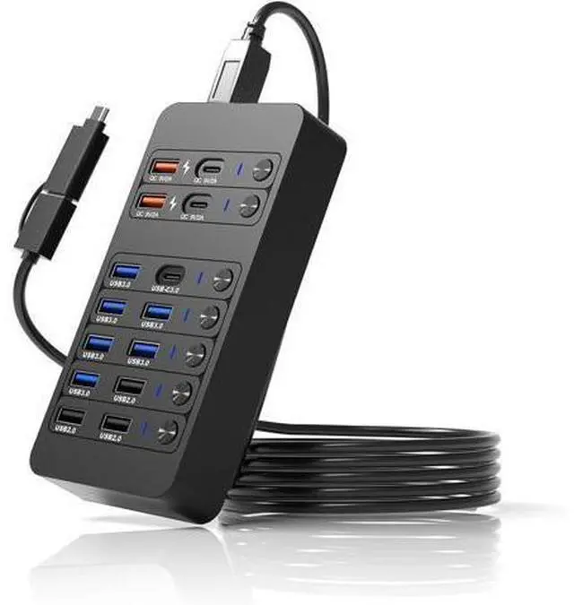 Main image of Hitoor Powered USB Hub,14 Ports USB Data Hub Splitter with 6 USB 3.0 Port,4 Charging Port,1 USB-C 3.0 Data Port,1 PD 60W Charging Port w LED Individual On/Off Switches for MacBook, Mac Pro, Laptop/PC
