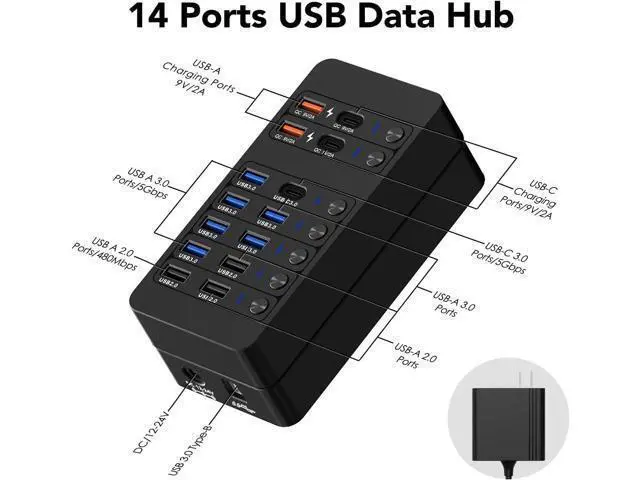 Alt view image 2 of 7 - Hitoor Powered USB Hub,14 Ports USB Data Hub Splitter with 6 USB 3.0 Port,4 Charging Port,1 USB-C 3.0 Data Port,1 PD 60W Charging Port w LED Individual On/Off Switches for MacBook, Mac Pro, Laptop/PC