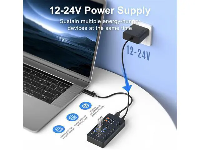 Alt view image 4 of 7 - Hitoor Powered USB Hub,14 Ports USB Data Hub Splitter with 6 USB 3.0 Port,4 Charging Port,1 USB-C 3.0 Data Port,1 PD 60W Charging Port w LED Individual On/Off Switches for MacBook, Mac Pro, Laptop/PC