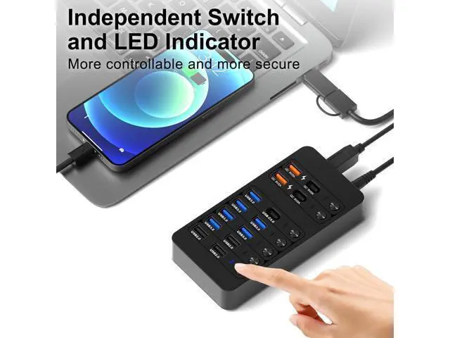 Alt view image 5 of 7 - Hitoor Powered USB Hub,14 Ports USB Data Hub Splitter with 6 USB 3.0 Port,4 Charging Port,1 USB-C 3.0 Data Port,1 PD 60W Charging Port w LED Individual On/Off Switches for MacBook, Mac Pro, Laptop/PC