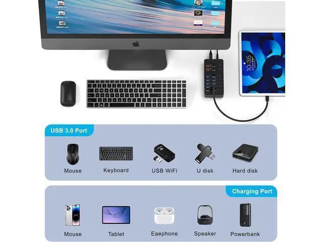 Alt view image 6 of 7 - Hitoor Powered USB Hub,14 Ports USB Data Hub Splitter with 6 USB 3.0 Port,4 Charging Port,1 USB-C 3.0 Data Port,1 PD 60W Charging Port w LED Individual On/Off Switches for MacBook, Mac Pro, Laptop/PC