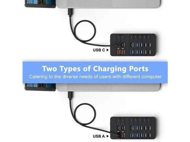 Alt view image 7 of 7 - Hitoor Powered USB Hub,14 Ports USB Data Hub Splitter with 6 USB 3.0 Port,4 Charging Port,1 USB-C 3.0 Data Port,1 PD 60W Charging Port w LED Individual On/Off Switches for MacBook, Mac Pro, Laptop/PC