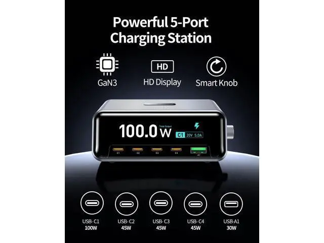 Alt view image 2 of 7 - Hitoor Desktop Charging Station, 100W 5-Port GaN Fast USB C Charger with LCD Smart Display & Control Knob, Gaming Desk Charger for Multiple Devices, Compatible with MacBook, iPhone, iPad, Galaxy, Home