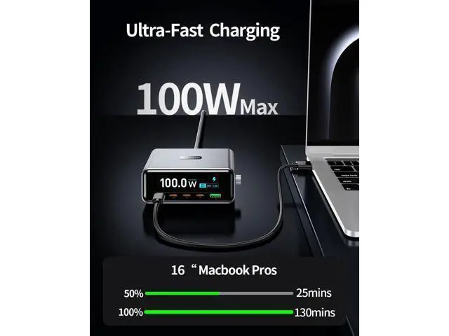 Alt view image 3 of 7 - Hitoor Desktop Charging Station, 100W 5-Port GaN Fast USB C Charger with LCD Smart Display & Control Knob, Gaming Desk Charger for Multiple Devices, Compatible with MacBook, iPhone, iPad, Galaxy, Home