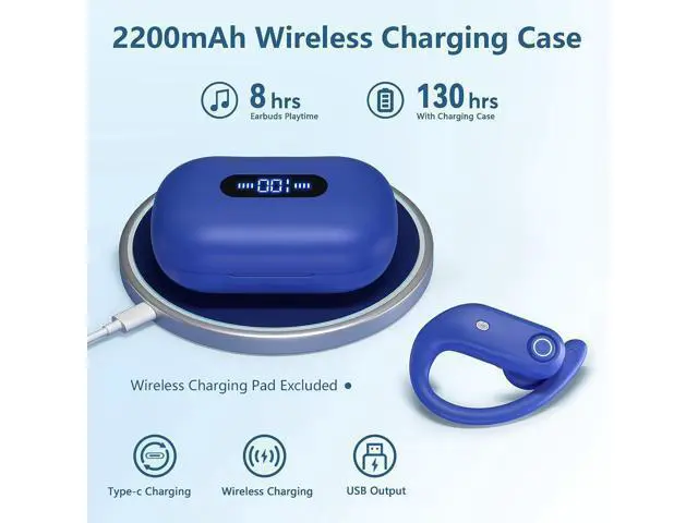 Alt view image 2 of 6 - True Wireless Earbuds, Bluetooth Headphones 130H Playback 4 Mics Clear Call Waterproof Sport Wireless Headset, 2200mAh Charging Case in-Ear Ear Buds Earphones with Earhooks for Sports Running Workout