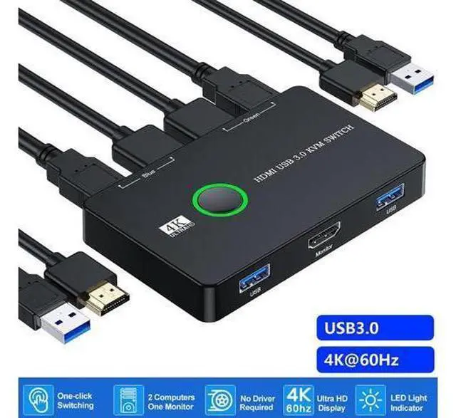 Main image of KVM Switch HDMI, Upgraded USB 3.0 and HDMI KVM Switch for 2 Computers Share Keyboard Mouse Printer to One HD Monitor, Supports 4K @60Hz, 2 HDMI Cables and 2 USB Cables Included
