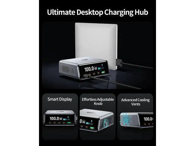 Alt view image 6 of 7 - Hitoor Desktop Charging Station, 100W 5-Port GaN Fast USB C Charger with LCD Smart Display & Control Knob, Gaming Desk Charger for Multiple Devices, Compatible with MacBook, iPhone, iPad, Galaxy, Home