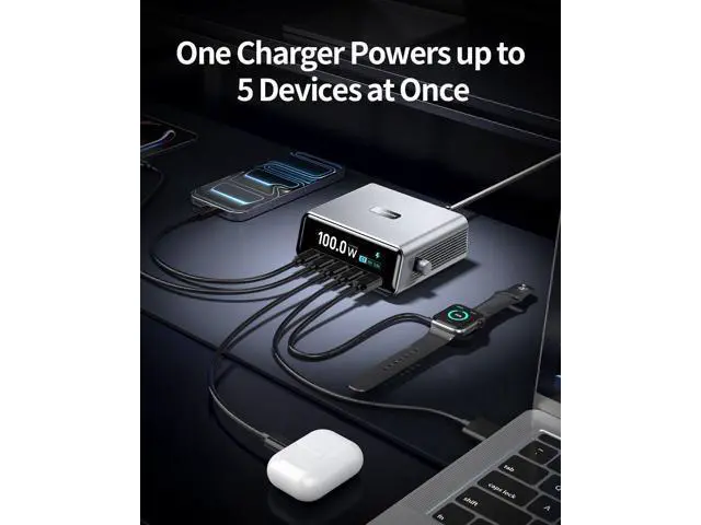Alt view image 4 of 7 - Hitoor Desktop Charging Station, 100W 5-Port GaN Fast USB C Charger with LCD Smart Display & Control Knob, Gaming Desk Charger for Multiple Devices, Compatible with MacBook, iPhone, iPad, Galaxy, Home