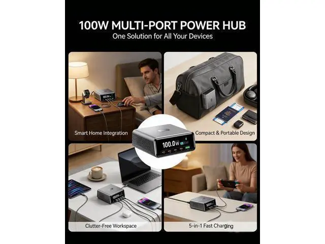 Alt view image 7 of 7 - Hitoor Desktop Charging Station, 100W 5-Port GaN Fast USB C Charger with LCD Smart Display & Control Knob, Gaming Desk Charger for Multiple Devices, Compatible with MacBook, iPhone, iPad, Galaxy, Home