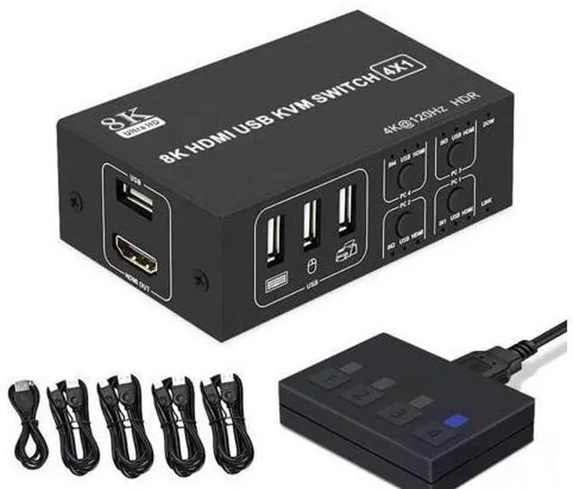 Main image of 4x1 HDMI KVM Switch 4 Port, 8K @60Hz 4K@120Hz HDMI USB KVM HDMI Switch Share 4 Computers with One Monitor One-Button Swapping, 4 in 1 Out KVM Switcher for PC Laptop with 4 USB Cables 1 Power Cable