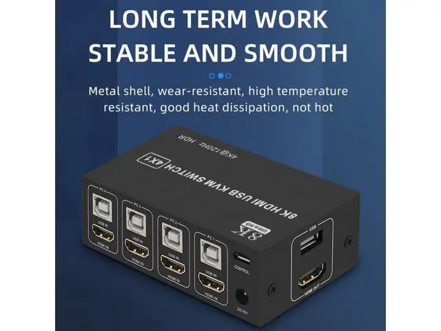 Alt view image 5 of 7 - 4x1 HDMI KVM Switch 4 Port, 8K @60Hz 4K@120Hz HDMI USB KVM HDMI Switch Share 4 Computers with One Monitor One-Button Swapping, 4 in 1 Out KVM Switcher for PC Laptop with 4 USB Cables 1 Power Cable