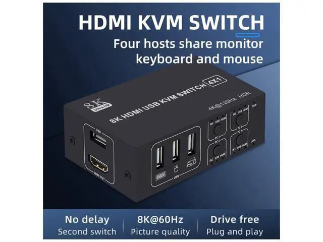 Alt view image 2 of 7 - 4x1 HDMI KVM Switch 4 Port, 8K @60Hz 4K@120Hz HDMI USB KVM HDMI Switch Share 4 Computers with One Monitor One-Button Swapping, 4 in 1 Out KVM Switcher for PC Laptop with 4 USB Cables 1 Power Cable