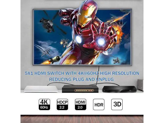 Alt view image 3 of 7 - 4K @60HZ HDMI Switch 5x1, HDMI 2.0 Switch 5 in 1 Out, 4K HDMI Switch with Remote Control Support Auto Switch, 3D, HDR 10, 18Gbps, HDCP 2.2 for PS5, Xbox, DVD, Monitor