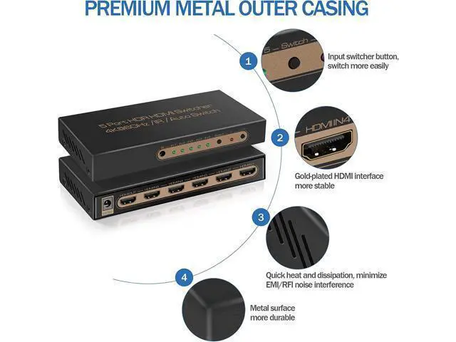 Alt view image 4 of 7 - 4K @60HZ HDMI Switch 5x1, HDMI 2.0 Switch 5 in 1 Out, 4K HDMI Switch with Remote Control Support Auto Switch, 3D, HDR 10, 18Gbps, HDCP 2.2 for PS5, Xbox, DVD, Monitor