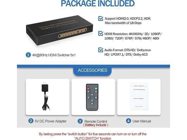 Alt view image 5 of 7 - 4K @60HZ HDMI Switch 5x1, HDMI 2.0 Switch 5 in 1 Out, 4K HDMI Switch with Remote Control Support Auto Switch, 3D, HDR 10, 18Gbps, HDCP 2.2 for PS5, Xbox, DVD, Monitor