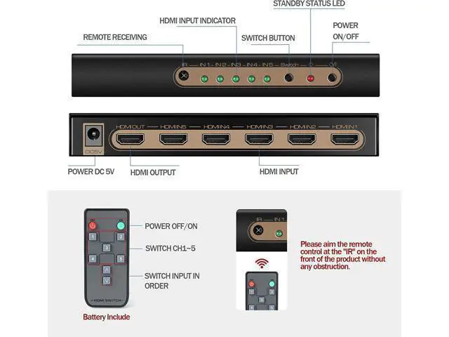 Alt view image 6 of 7 - 4K @60HZ HDMI Switch 5x1, HDMI 2.0 Switch 5 in 1 Out, 4K HDMI Switch with Remote Control Support Auto Switch, 3D, HDR 10, 18Gbps, HDCP 2.2 for PS5, Xbox, DVD, Monitor