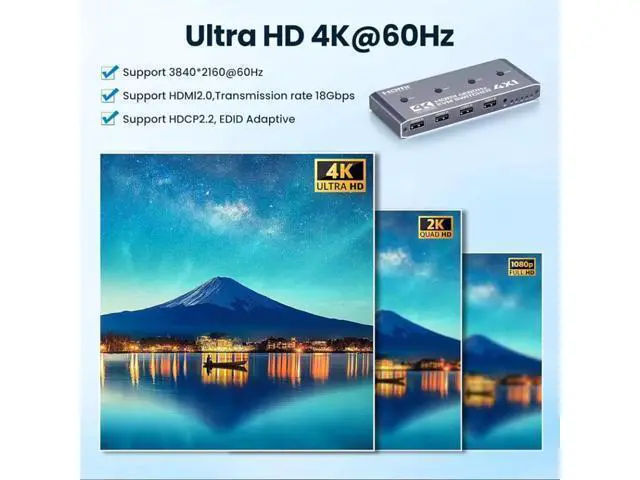 Alt view image 4 of 7 - Hitoor 4 in 1 Out HDMI KVM Switch 4 Computer 1 Monitor, 4 Port HDMI USB Switch for 4 Computer Share a 4K@60Hz Monitor & 4 USB Devices, Keyboard, Mouse, Includes 4 KVM Cables & Remote Controller