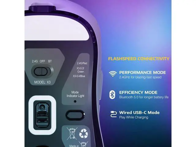 Alt view image 5 of 7 - Hitoor Wireless Gaming Mouse, 49g Ergonomic Computer Mouse, Triple Modes PAW3395 26K DPI Optical Sensor, 200h Battery Life, Programmable Buttons, Gaming Accessories for PC/Laptop/Mac (White)