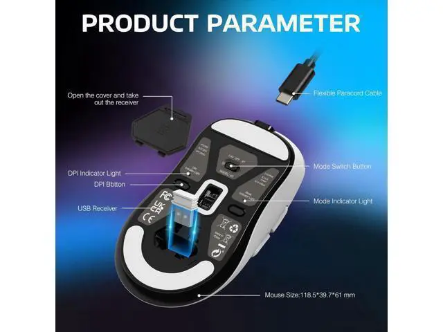 Alt view image 7 of 7 - Hitoor Wireless Gaming Mouse, 49g Ergonomic Computer Mouse, Triple Modes PAW3395 26K DPI Optical Sensor, 200h Battery Life, Programmable Buttons, Gaming Accessories for PC/Laptop/Mac (White)