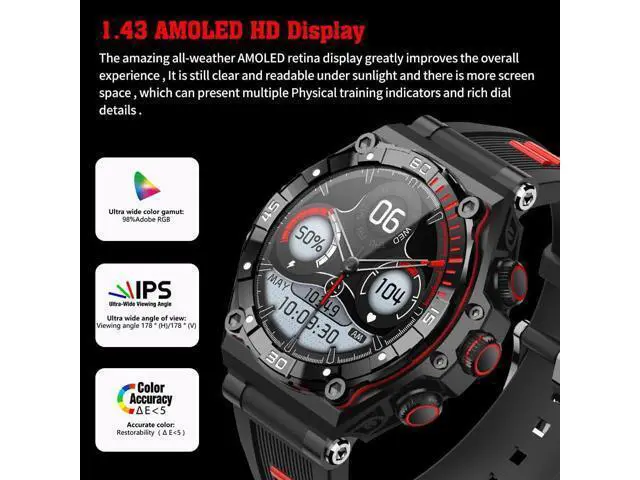 Alt view image 2 of 7 - 1.43 AMOLED Touch Screen Military Smart Watch for Answer Make Calls,700 mAh Tactical Fitness Tracker Sport Smartwatch with 100+ Workout Modes Heart Rate SpO2 Sleep Monitor for Android iOS (Black-Red)