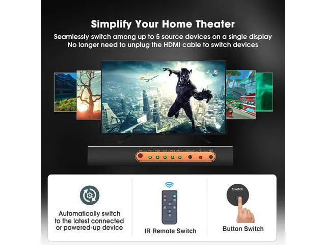 Alt view image 4 of 7 - 4K @60Hz HDMI Switch 5 Port Premium 5 in 1 Out 4K HDMI Switcher with IR Remote Support Auto-Switch, HDMI 2.0,HDCP 2.2,UHD,HDR,Full HD,3D,1080P (Upgraded Version)
