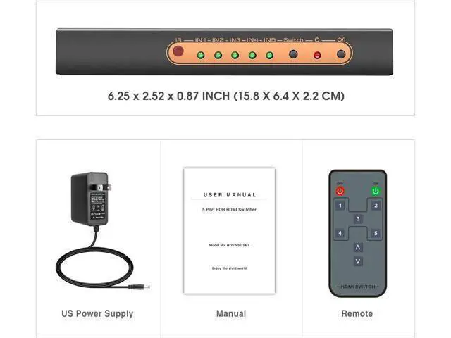 Alt view image 7 of 7 - 4K @60Hz HDMI Switch 5 Port Premium 5 in 1 Out 4K HDMI Switcher with IR Remote Support Auto-Switch, HDMI 2.0,HDCP 2.2,UHD,HDR,Full HD,3D,1080P (Upgraded Version)