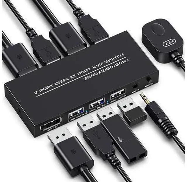 Main image of KVM Switch DisplayPort - 2 Port Displayport KVM Switch, Two Computers One Monitor Switch to Share Mouse,Keyboard,Printer,USB and Ultra HD Monitor, Support 4K@60Hz, 2 DP Cable and 2 USB Cable Included