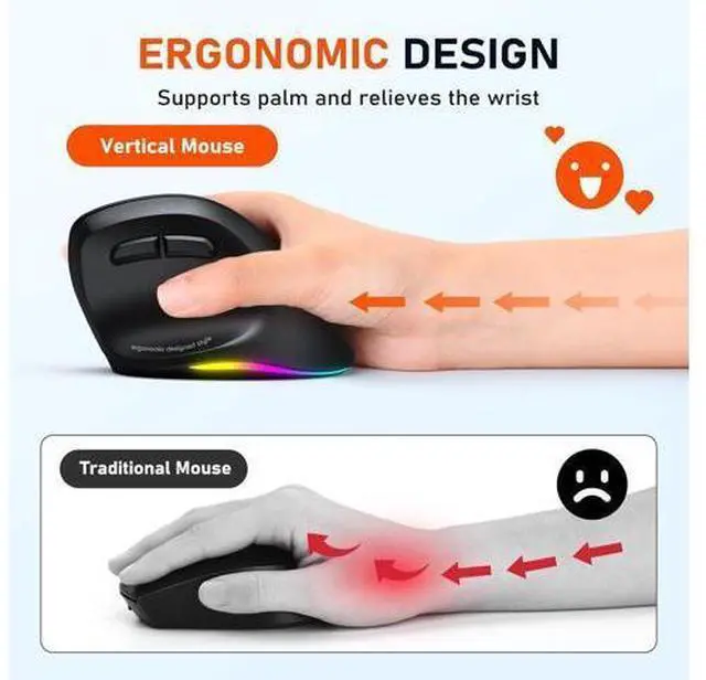Alt view image 2 of 7 - Ergonomic Bluetooth Mouse, Wireless Vertical Mouse RGB Backlit Rechargeable Mice for Bluetooth (5.2 + 3.0) & USB-A with USB-C Adapter 4 Adjustable DPI for Mac/Windows/Andriod/PC/Tablet/iPad