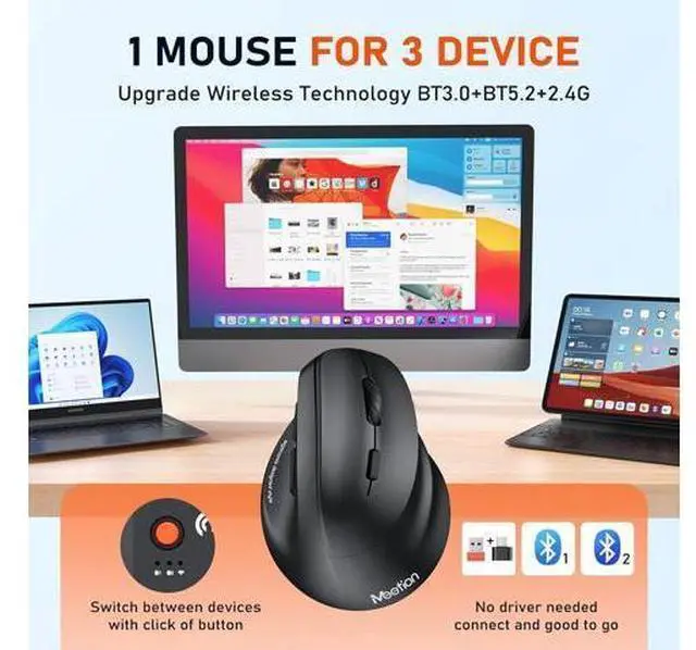 Alt view image 3 of 7 - Ergonomic Bluetooth Mouse, Wireless Vertical Mouse RGB Backlit Rechargeable Mice for Bluetooth (5.2 + 3.0) & USB-A with USB-C Adapter 4 Adjustable DPI for Mac/Windows/Andriod/PC/Tablet/iPad