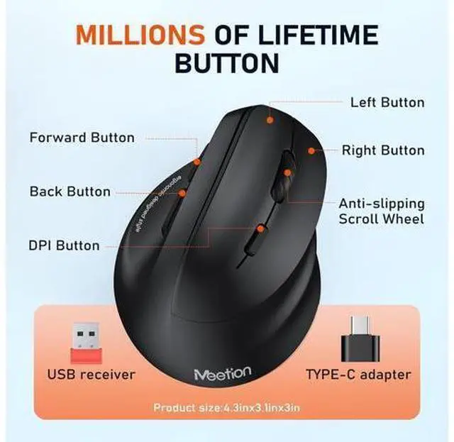 Alt view image 7 of 7 - Ergonomic Bluetooth Mouse, Wireless Vertical Mouse RGB Backlit Rechargeable Mice for Bluetooth (5.2 + 3.0) & USB-A with USB-C Adapter 4 Adjustable DPI for Mac/Windows/Andriod/PC/Tablet/iPad