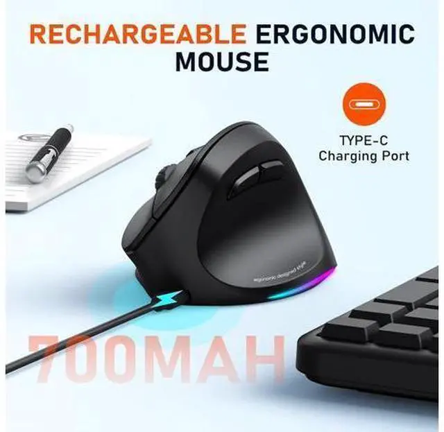 Alt view image 6 of 7 - Ergonomic Bluetooth Mouse, Wireless Vertical Mouse RGB Backlit Rechargeable Mice for Bluetooth (5.2 + 3.0) & USB-A with USB-C Adapter 4 Adjustable DPI for Mac/Windows/Andriod/PC/Tablet/iPad