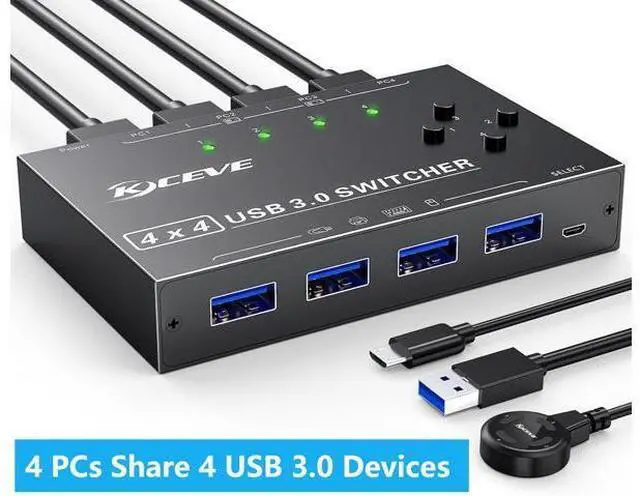 Main image of Hitoor 4 x4 USB 3.0 Switch 4 Computers, 4 Port USB Switch Selector Sharing 4 USB Devices,Keyboard Mouse Switch,USB Switcher Compatible with Mac/Windows/Linux,Wired Remote and 4 USB 3.0 Cable Included