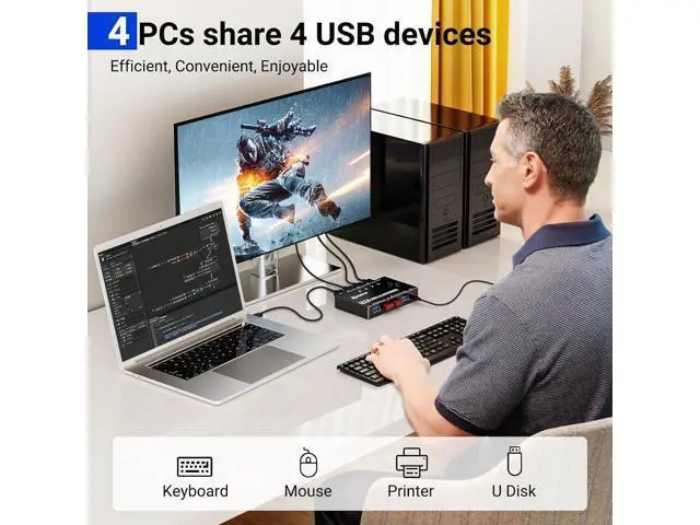 Alt view image 2 of 7 - Hitoor 4 x4 USB 3.0 Switch 4 Computers, 4 Port USB Switch Selector Sharing 4 USB Devices,Keyboard Mouse Switch,USB Switcher Compatible with Mac/Windows/Linux,Wired Remote and 4 USB 3.0 Cable Included