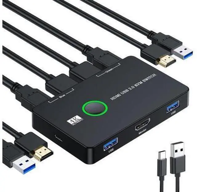 Main image of Upgrade USB 3.0 HDMI KVM Switch 2 in 1 Out, 4K@60Hz HDMI USB 3.0 Switch, USB KVM Switch for 2 Computers Share 1 HD Monitor and Keyboard Mouse, Support 4K@60Hz, 2 HD-MI Cables and 2 USB Cables Included