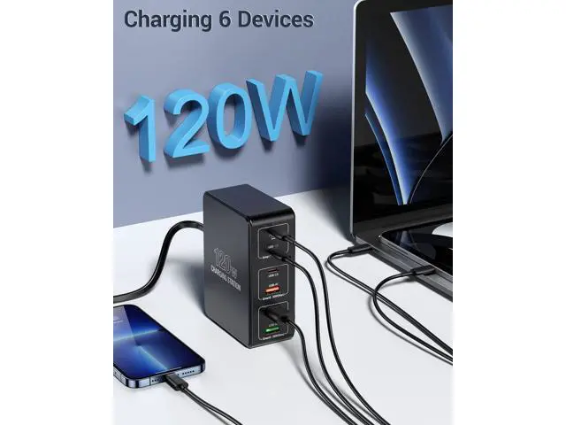 Alt view image 2 of 7 - USB C Charging Station,120W Multiport USB Charging Station, 6 Ports Multi USB Charger Station, Charging Station for Multiple Devices, USB Charging Hub Compatible with Ma-c-B-ook, Laptop,Smartphones..