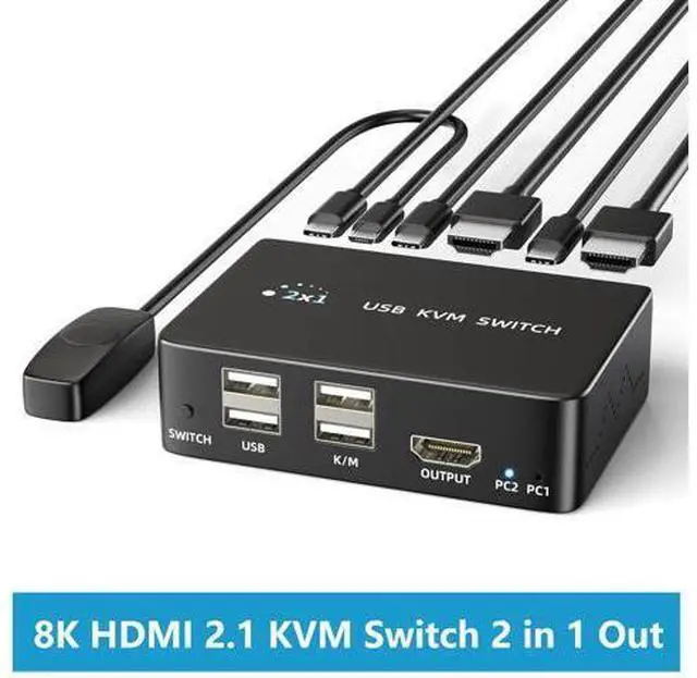 Main image of 8K@60Hz HDMI 2.1 USB KVM Switch 1 Monitors 2 Computers, 4K@120Hz USB switcher HDMI KVM Switch 2 in 1 Out with Remote and 4 USB 2.0 Port, 2 USB Cables and 1 Desktop Controller for Work or Entertainment