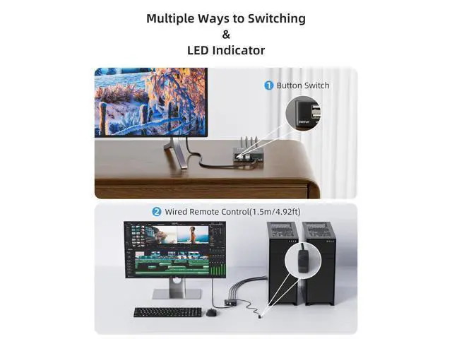 Alt view image 4 of 7 - 8K@60Hz HDMI 2.1 USB KVM Switch 1 Monitors 2 Computers, 4K@120Hz USB switcher HDMI KVM Switch 2 in 1 Out with Remote and 4 USB 2.0 Port, 2 USB Cables and 1 Desktop Controller for Work or Entertainment