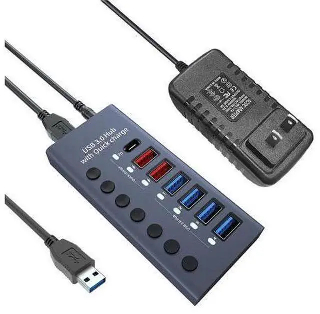 Main image of Aluminum Powered USB 3.0 Hub, 7-Port USB Hub Splitter (4 USB 3.0 Data Transmission Ports + 2 Smart Charging Ports + 1 PD Charging Port), with 36W (12V/3A) Power Adapter and Independent Switch